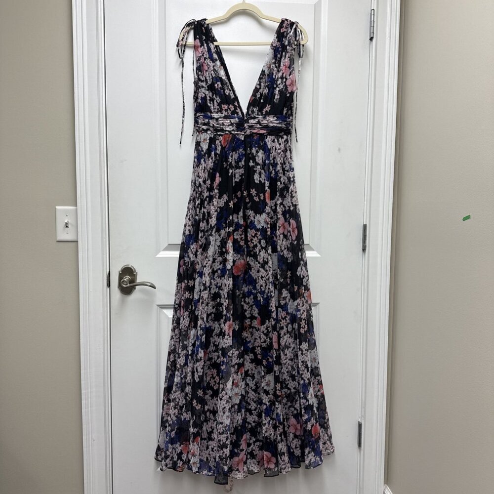 NWT Mac Duggal Size 4 Black Floral Tie Shoulder Chiffon V-Neck Maxi Dress Gown - Picture 7 of 11